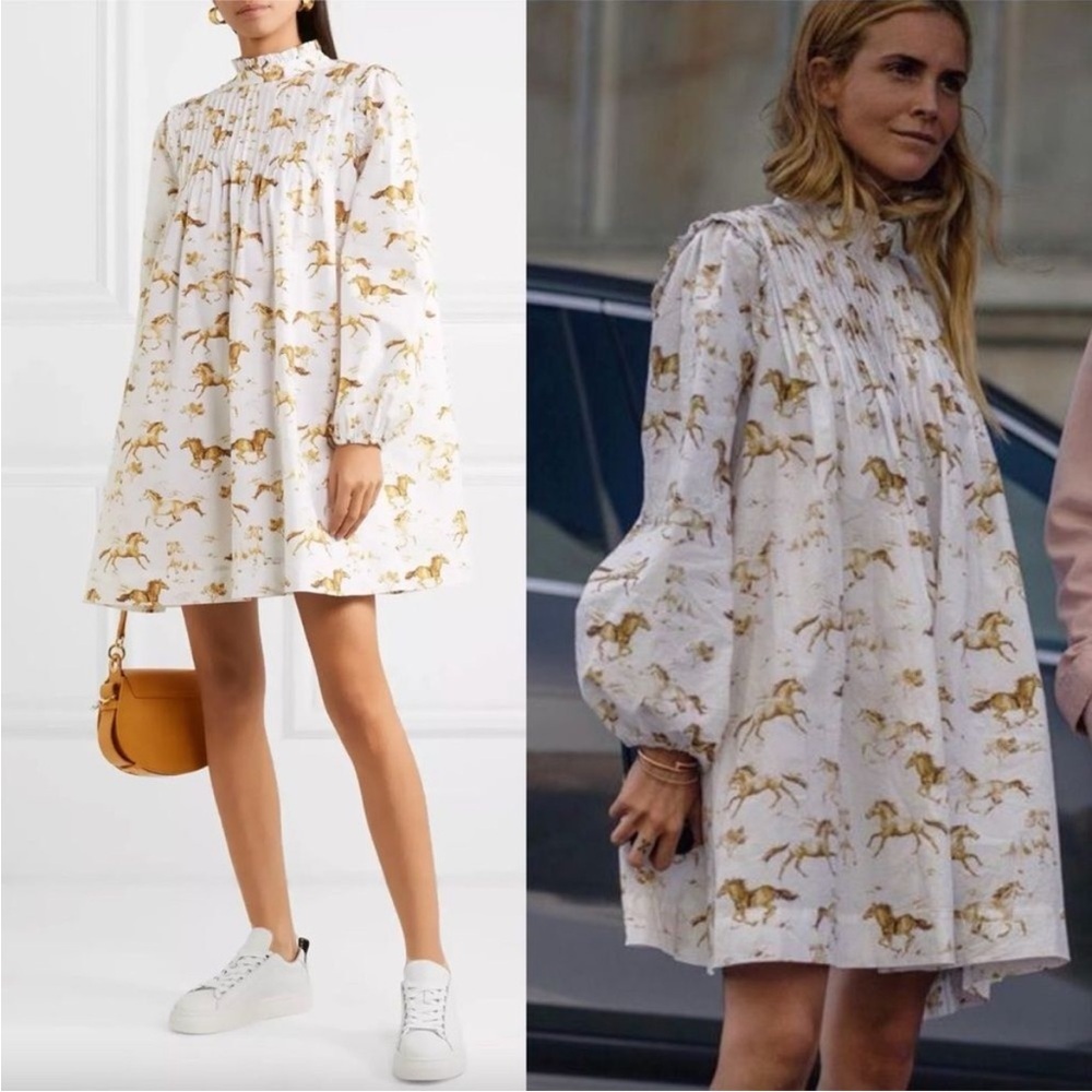 New with Tags GANNI White Horse Print Cotton Mini Dress - Picture 2 of 16